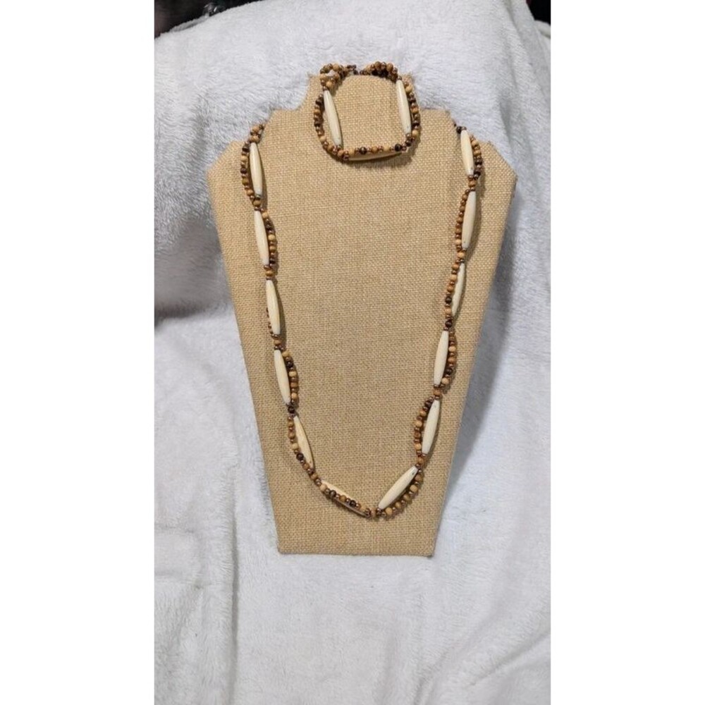 Boho Cream Tube & Wood Bead Necklace & Bracelet Set Earthy Copper Tone
